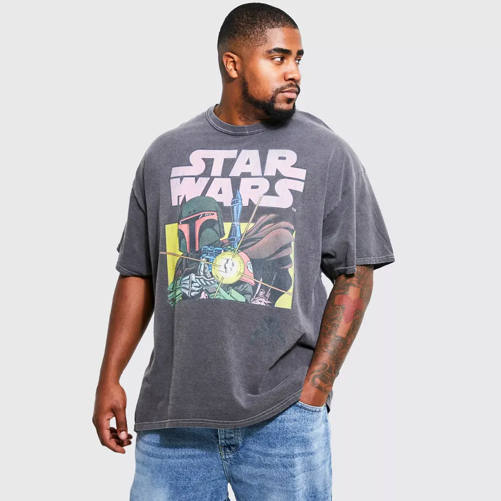 Plus Regular Fit Acid Wash Star Wars T-shirt